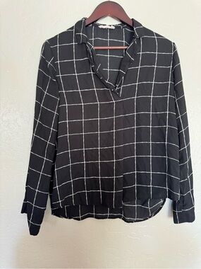 Black Windowpane V-Neck Long-Sleeve Blouse